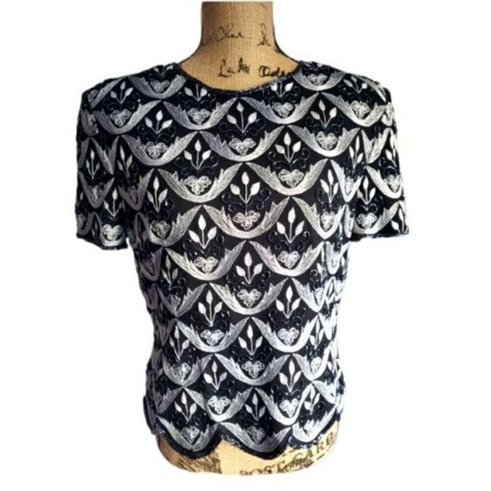 Vintage 80s 90s Heavily Beaded Black Silver Glam Top